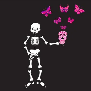 Cute skeleton dancing with sugar skull and pink butterfly. Vector illustration. 스톡 일러스트