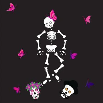 Cute skeleton dancing with sugar skull and pink butterfly. Vector illustration. Stock Illustration