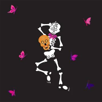 Cute skeleton dancing with sugar skull and pink butterfly. Vector illustration. Stock Illustration