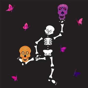 Cute skeleton dancing with sugar skull and pink butterfly. Vector illustration. Stock Illustration