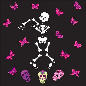 Cute skeleton dancing with sugar skull and pink butterfly. Vector illustration. Stock Illustration