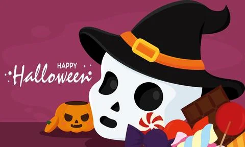 Cute skeleton with witch hat and candies Happy halloween Vector Stock Illustration