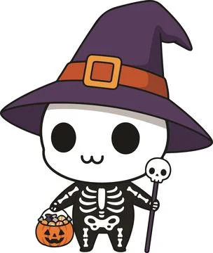 Cute skeleton witch with pumpkin bucket, kawaii Halloween vector illustration Illustrazione stock