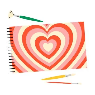Cute sketchbook with heart pattern and paintbrushe Stock Illustration