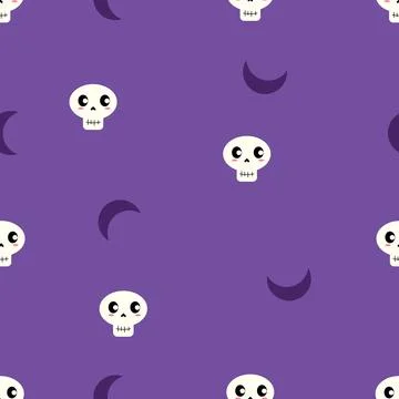Cute Skull and Crescent Moon Halloween Seamless Pattern on Purple Background Illustration