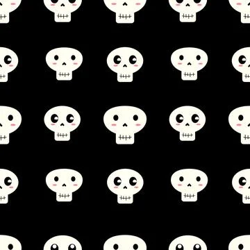 Cute Skull Seamless Pattern Vector Illustration, Kawaii Halloween Skeleton .. 스톡 일러스트