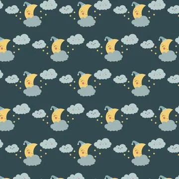 Cute sky pattern. Seamless vector design with smiling, sleeping moon, stars and Stock Illustration