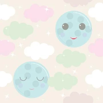 Cute sky pattern. vector design with smiling, sleeping moon, stars and clouds Stockillustratie