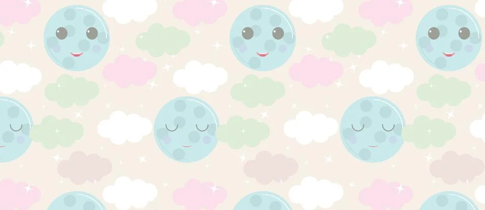 Cute sky pattern. vector design with smiling, sleeping moon, stars and clouds Stockillustratie
