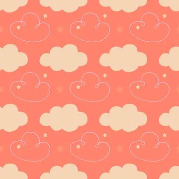 Cute sky seamless pattern background with fluffy clouds and stars Stockillustratie