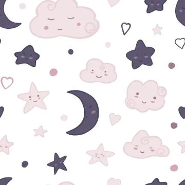 Cute sky seamless pattern in doddle style. Hand drawn night cloud sky wallpap 库存插图