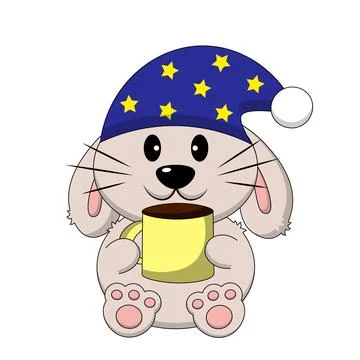Cute sleep Rabbit with cup. Draw illustration in color Stock Illustration