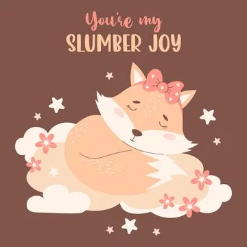 Cute sleeping animal fox on cloud with flowers. Vector illustration. Cool c.. Stock Illustration