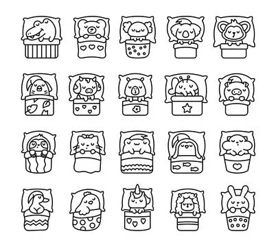Cute sleeping animals in bed. Coloring Page. Illustrazione stock