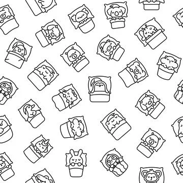 Cute sleeping animals in bed. Coloring Page. Stock Illustration