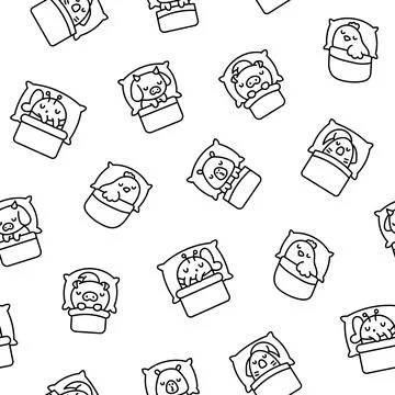 Cute sleeping animals in bed. Coloring Page. イラスト素材