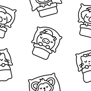 Cute sleeping animals in bed. Coloring Page. Stock Illustration