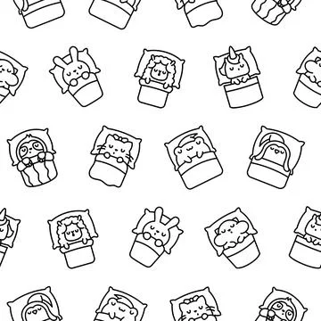 Cute sleeping animals in bed. Coloring Page. イラスト素材