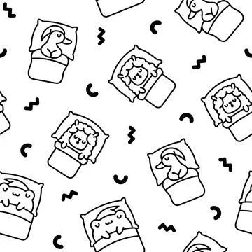 Cute sleeping animals in bed. Coloring Page. Stock Illustration