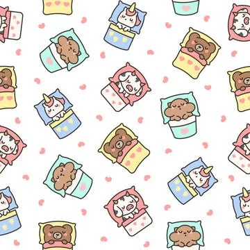 Cute sleeping animals in bed. Seamless pattern. Stock Illustration