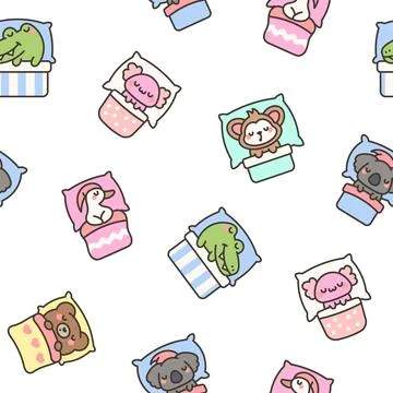 Cute sleeping animals in bed. Seamless pattern. Stock Illustration