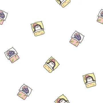 Cute sleeping animals in bed. Seamless pattern. イラスト素材