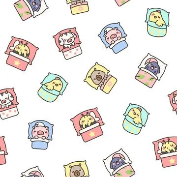 Cute sleeping animals in bed. Seamless pattern. Stock Illustration