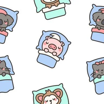 Cute sleeping animals in bed. Seamless pattern. Stock Illustration