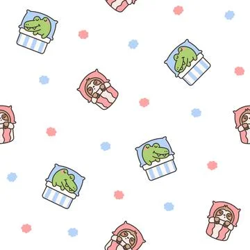 Cute sleeping animals in bed. Seamless pattern. Stock Illustration