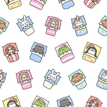Cute sleeping animals in bed. Seamless pattern. 스톡 일러스트