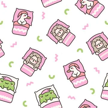 Cute sleeping animals in bed. Seamless pattern. Illustrazione stock