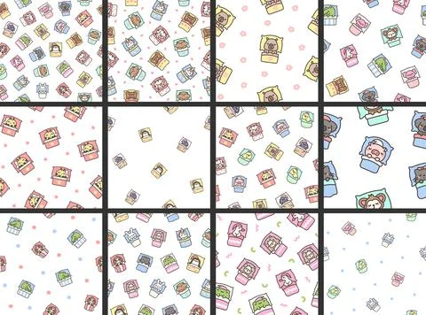 Cute sleeping animals in bed. Seamless pattern. Stock Illustration