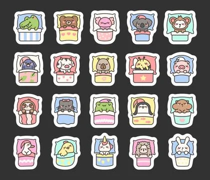 Cute sleeping animals in bed. Sticker Bookmark. Illustrazione stock