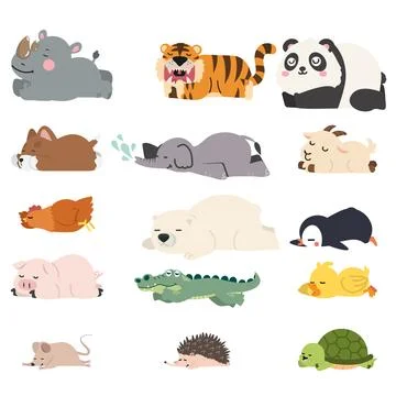 Cute sleeping animals collection flat cartoon pet wildlife characters Stock Illustration