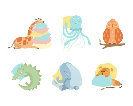 Cute Sleeping Animals Lying on Pillow Having Bedtime Rest Vector Set 스톡 일러스트