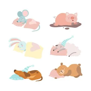 Cute Sleeping Animals Lying on Pillow Having Bedtime Rest Vector Set 스톡 일러스트