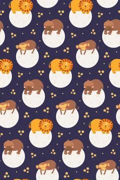 Cute sleeping animals, moon seamless pattern 스톡 일러스트