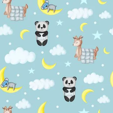 Cute sleeping baby animals pattern with deer, panda and koala on blue backgro Stock Illustration