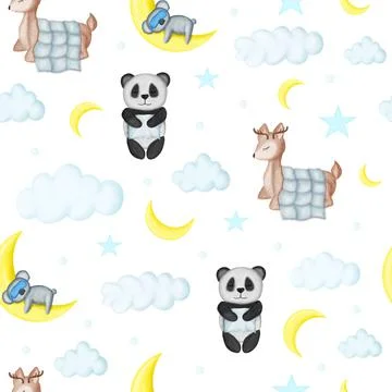 Cute sleeping baby animals pattern with deer, panda and koala on white backgr Stock Illustration