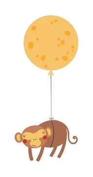 Cute sleeping baby monkey flying on balloon isolated Stock Illustration