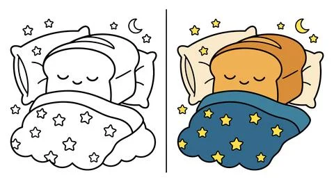 Cute Sleeping Bread Character Under Starry Blanket Coloring Page For Kids Stock Illustration