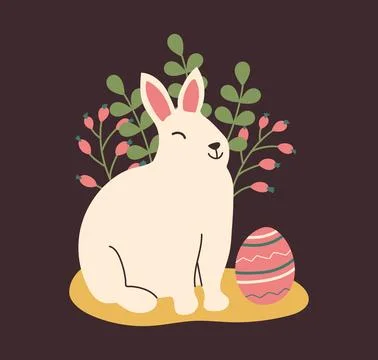 Cute sleeping Bunny with colorful Easter Egg with spring leaves and berries.. Stock Illustration