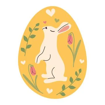 Cute sleeping Bunny with colorful Easter Egg with spring leaves and berries.. Stock Illustration