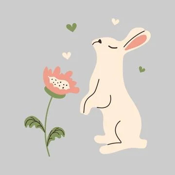 Cute sleeping Bunny with colorful Easter spring leaves and flower in doodle.. Stock Illustration