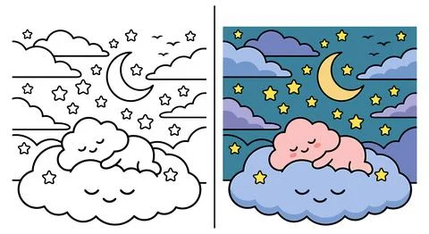 Cute Sleeping Cloud Under Moon And Stars Coloring Page For Kids Dreamy Fun Stock Illustration