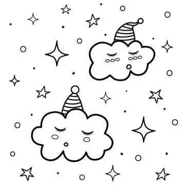 Cute sleeping clouds coloring page. Black and white print with funny characters Stock Illustration