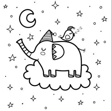 Cute sleeping elephant with a bird on cloud coloring page. Good night coloring Stock Illustration