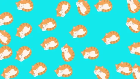 Cute Sleeping Ginger Cats Illustration Pattern on Bright Cyan Background Stock Footage 345540009
