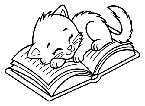 Cute sleeping kitten lying on open book, outline drawing for kids. Stock Illustration