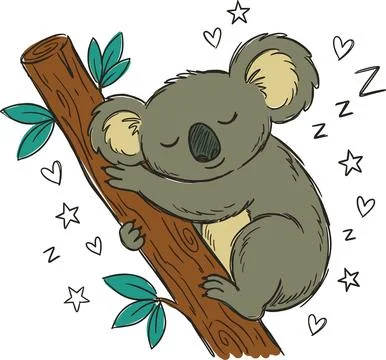 Cute sleeping koala bear on a tree branch with stars and hearts. Stock Illustration